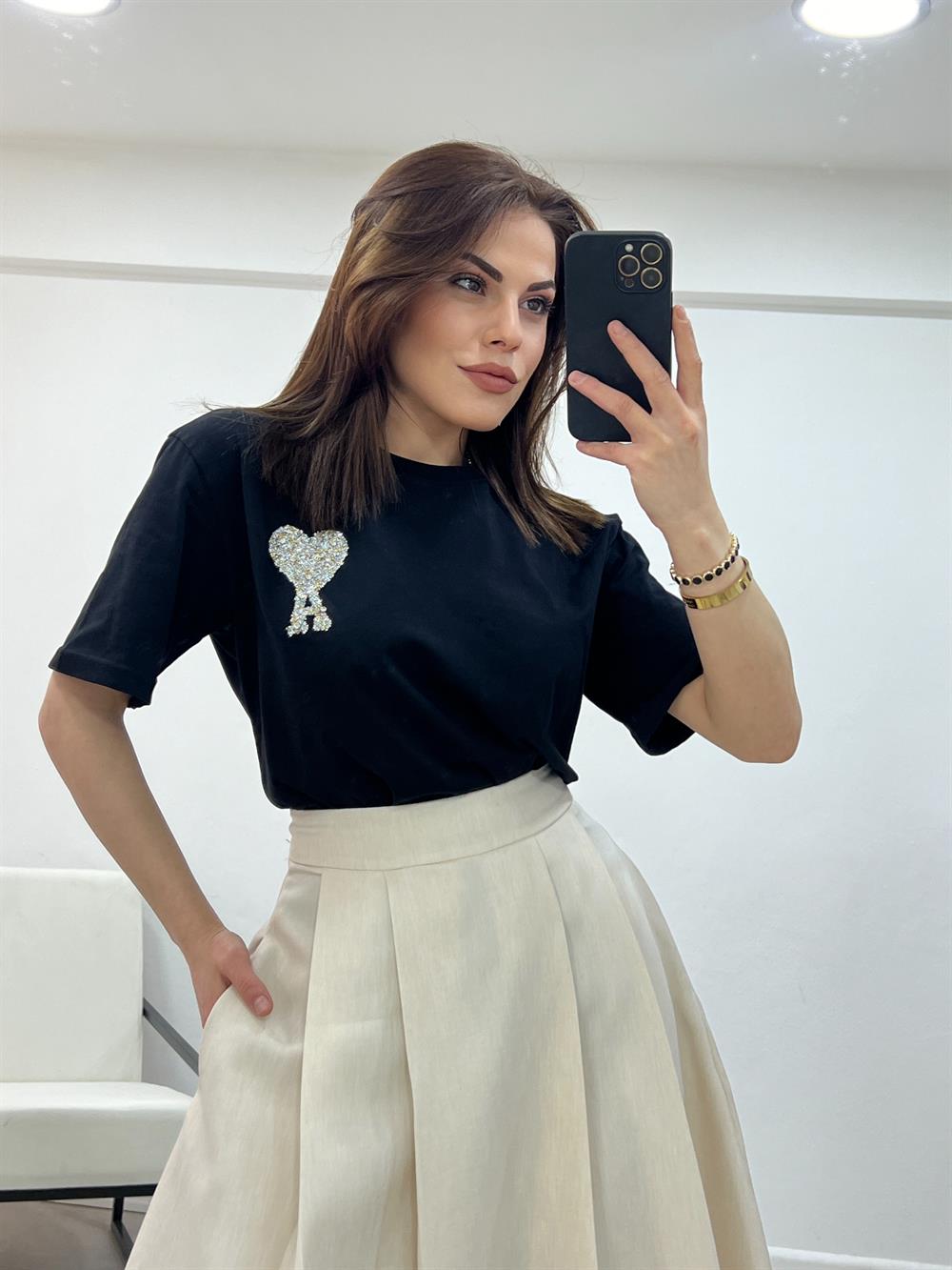 A Yazili Gold Taşli Si̇yah Tshi̇rt