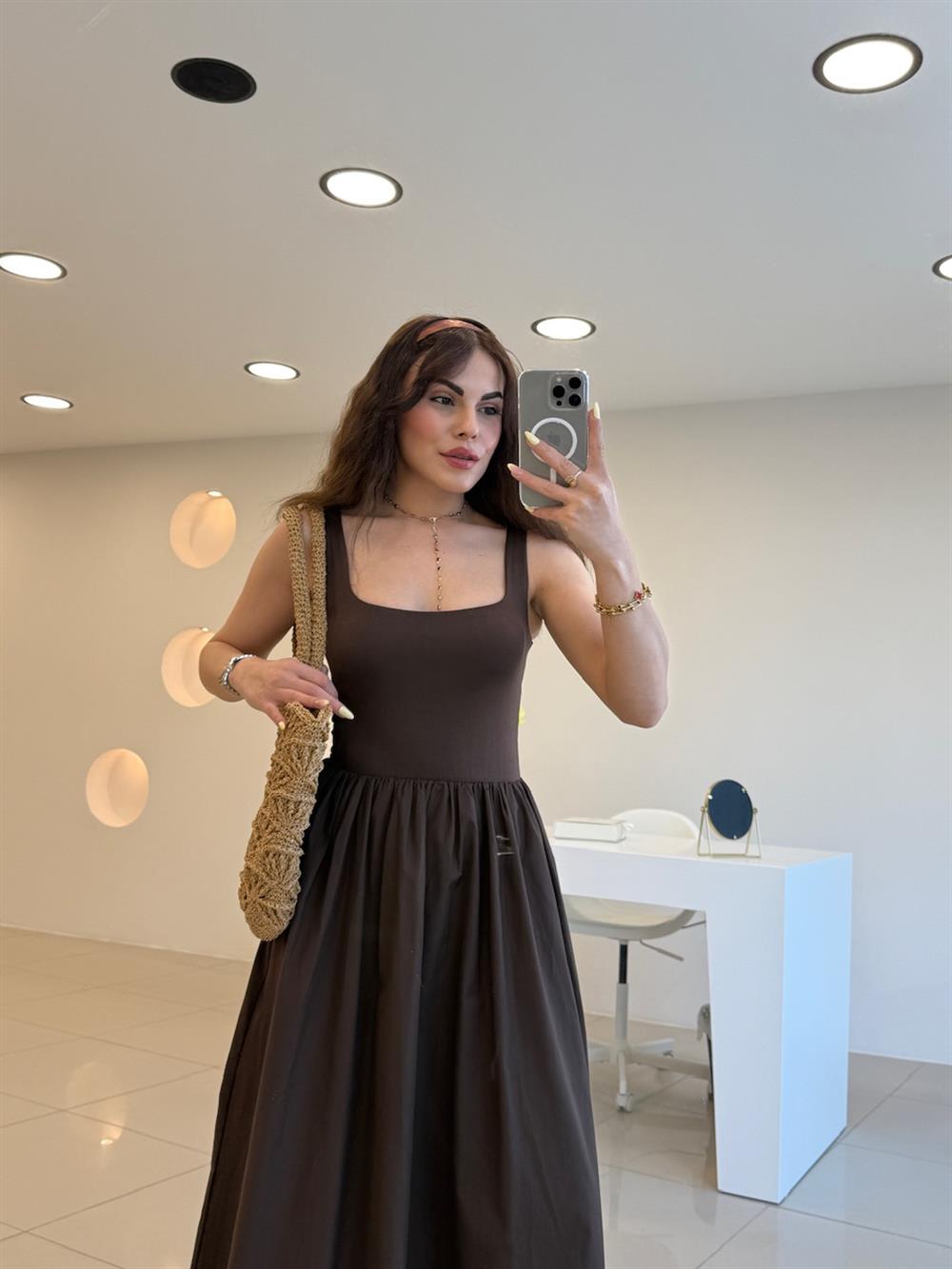 ALT TARAFI PARAŞÜT KUMAŞ PİNTERES SIFIR KOL ELBİSE KAHVE