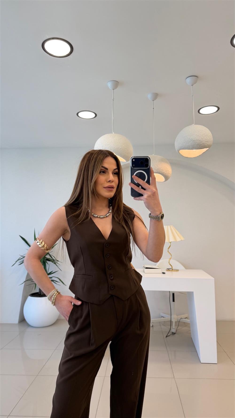 ARKA KEMERLİ İKİLİ YELEKLİ TAKIM KAHVE