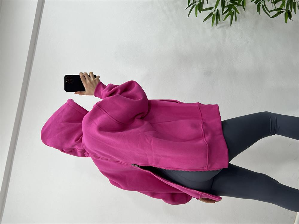 Arkasi Fermuarli Kapşonlu Pembe Sweat