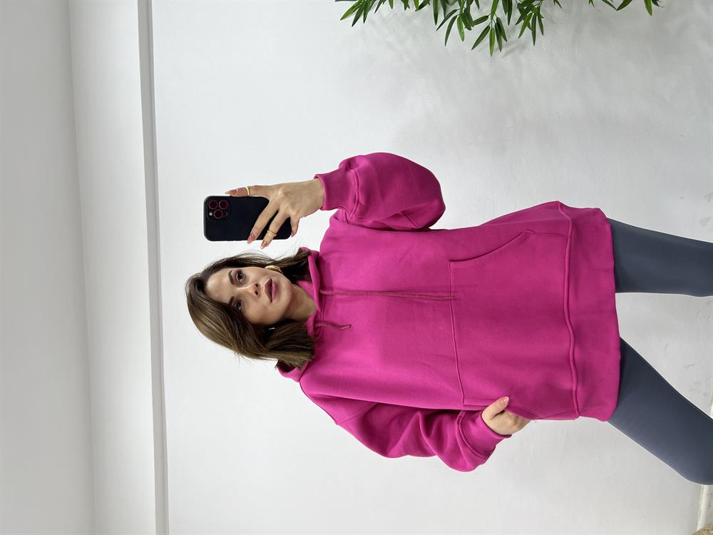 Arkasi Fermuarli Kapşonlu Pembe Sweat