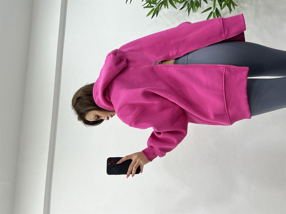 Arkasi Fermuarli Kapşonlu Pembe Sweat