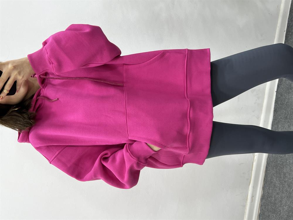 Arkasi Fermuarli Kapşonlu Pembe Sweat