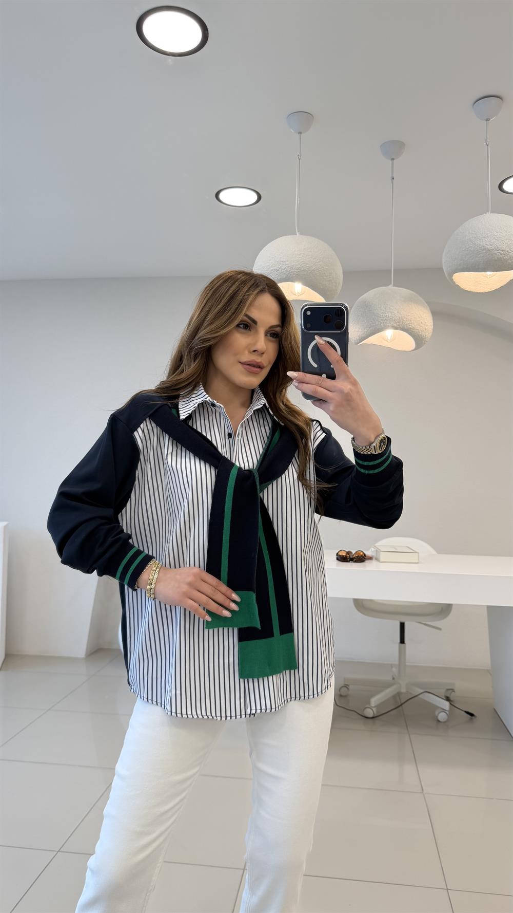 ARKASI MODAL LACİVERT  ŞAL BAĞLAMALI GÖMLEK
