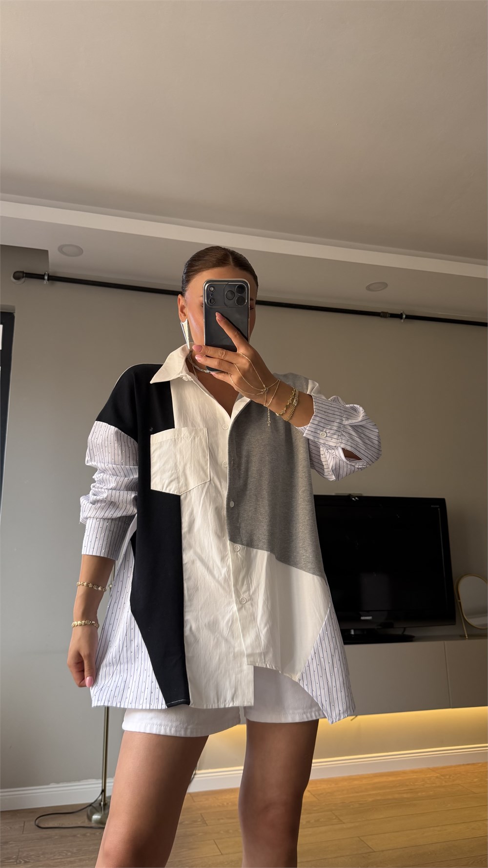 Asimetrik Renk Bloklu Çizgili Gömlek