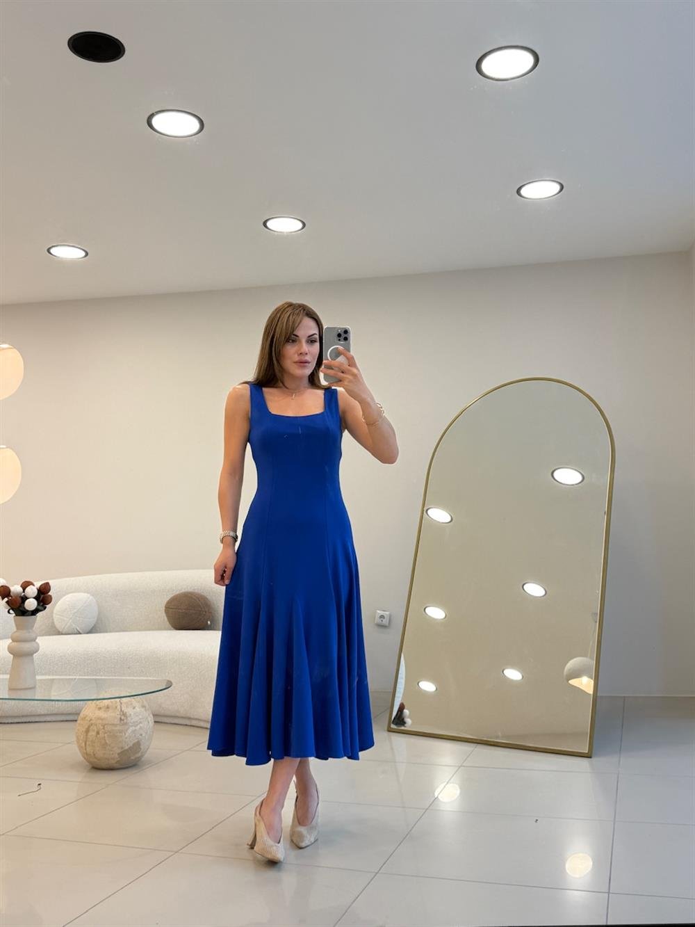 ASKILI KLOŞ ELBİSE SAKS MAVİ