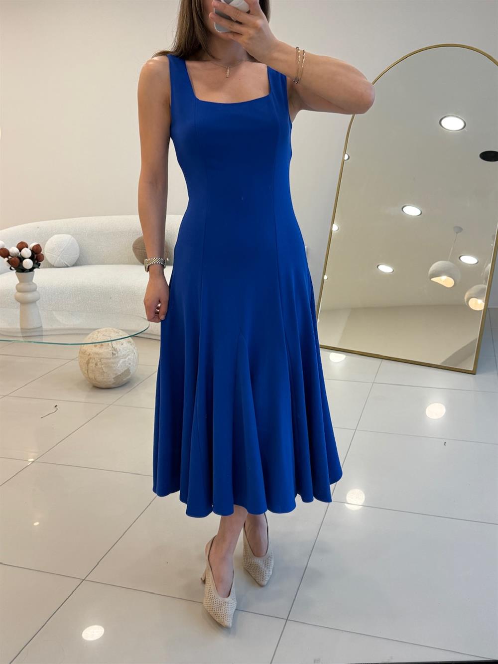 ASKILI KLOŞ ELBİSE SAKS MAVİ