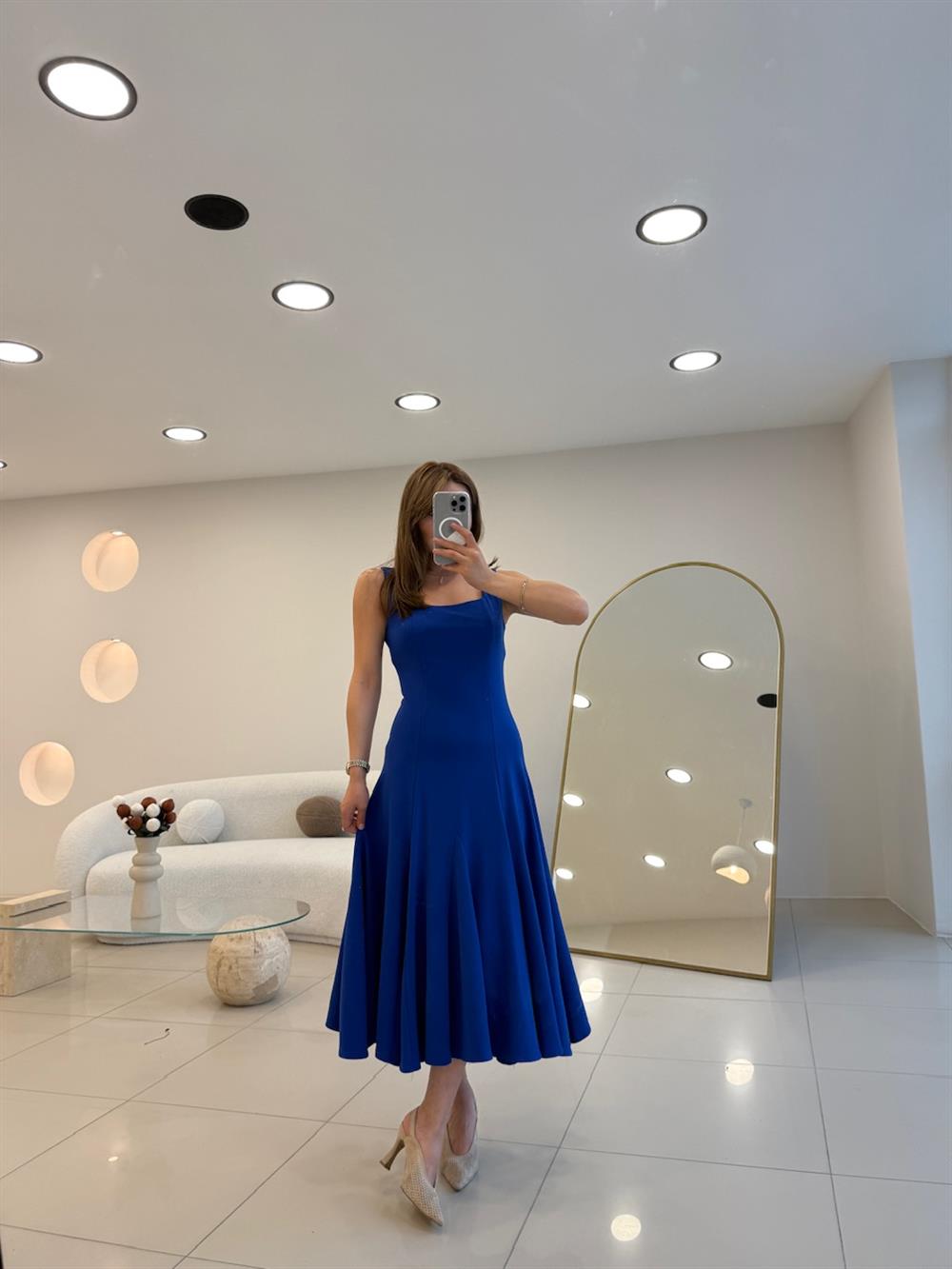 ASKILI KLOŞ ELBİSE SAKS MAVİ