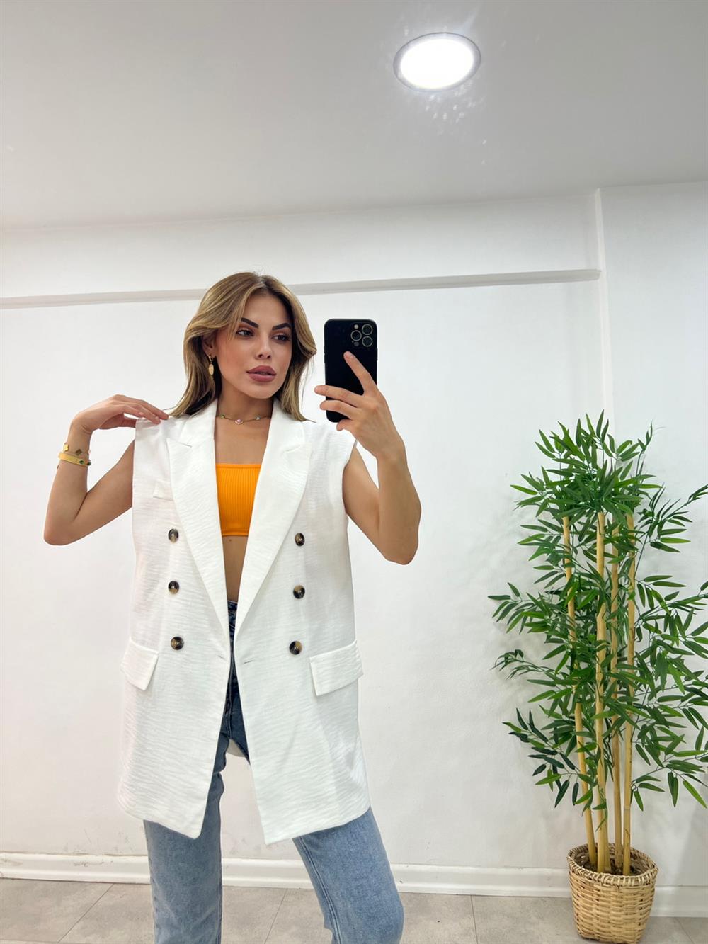 Astarli Blazer Yelek - Beyaz