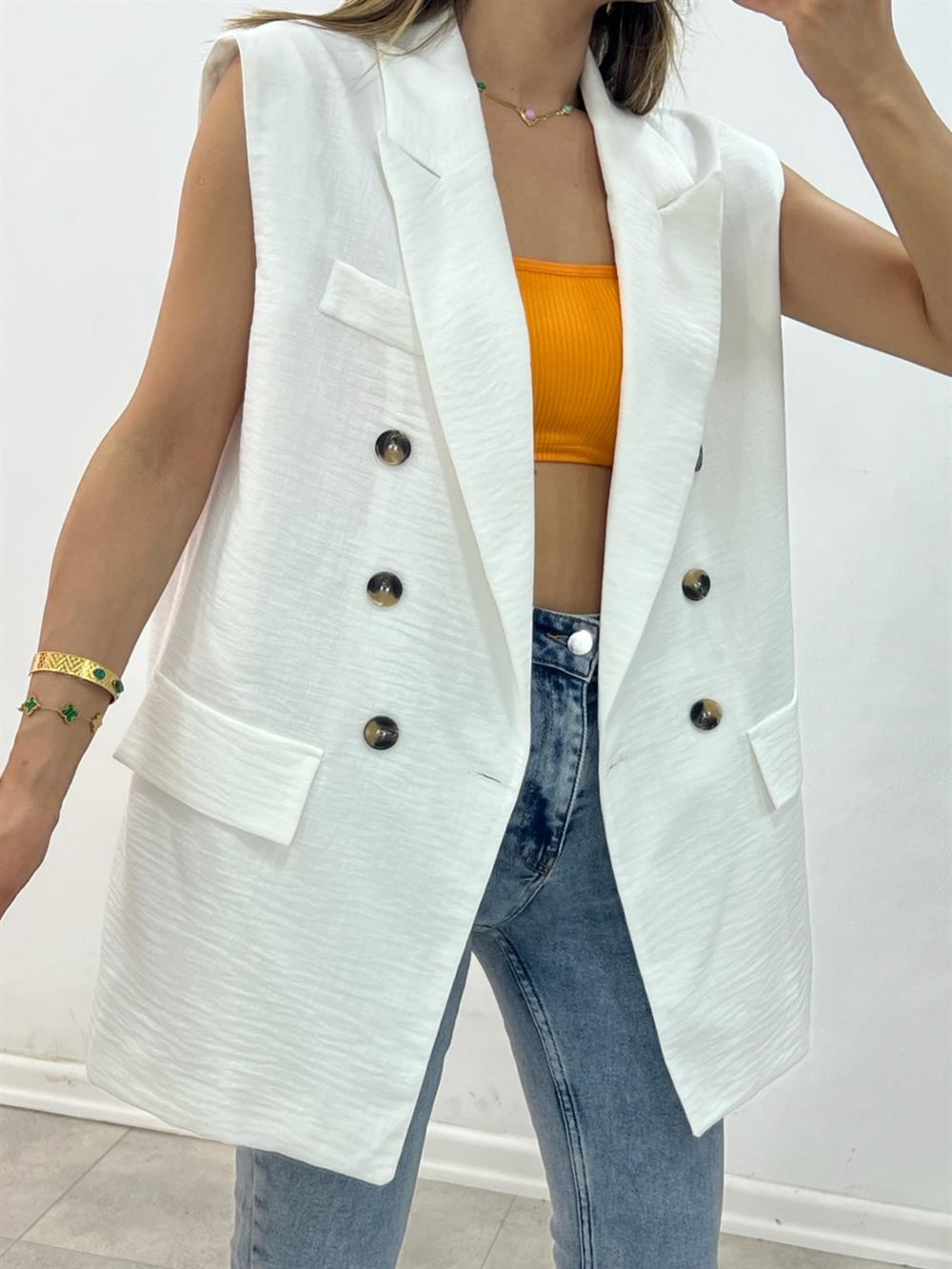 Astarli Blazer Yelek - Beyaz