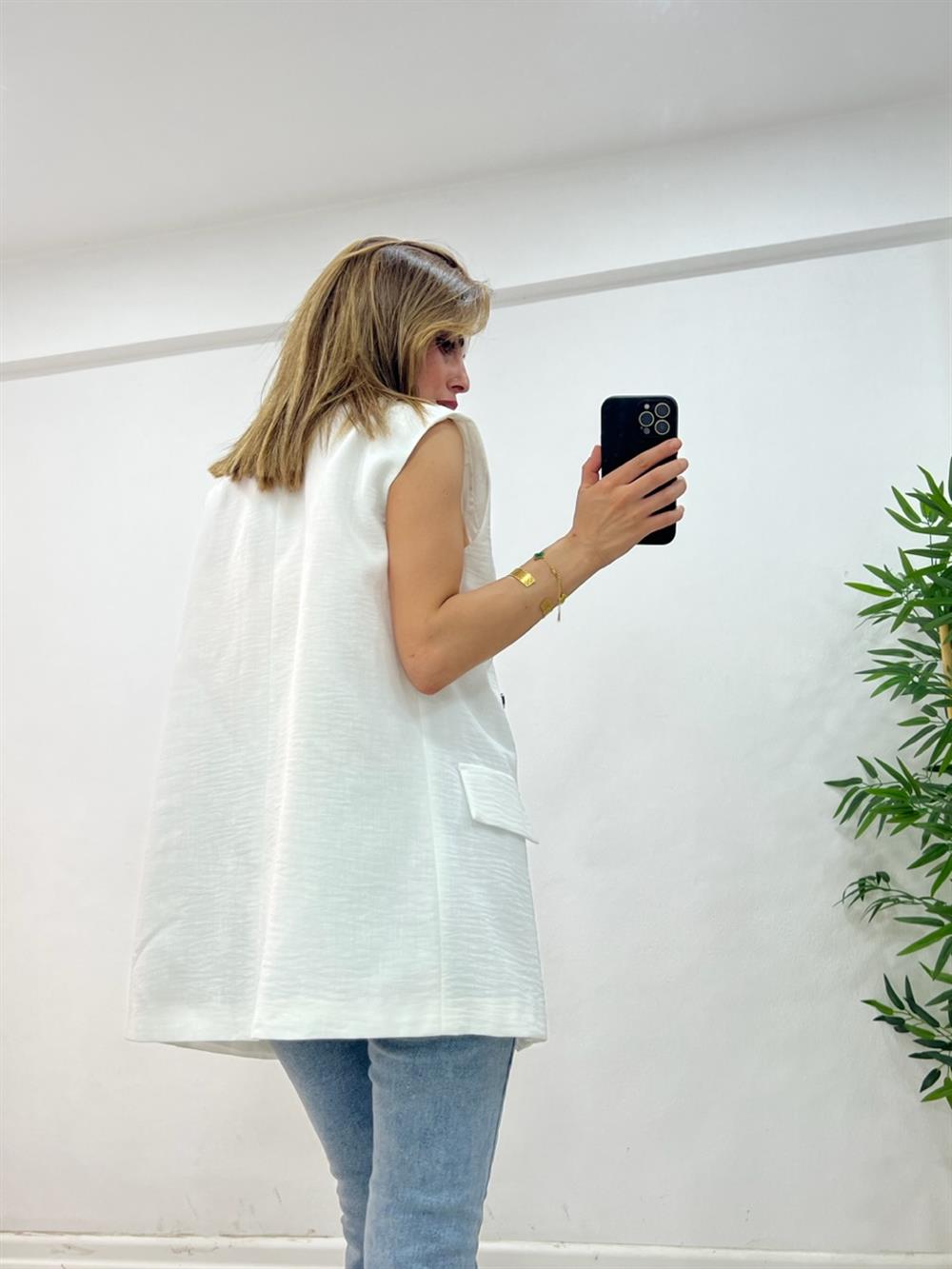 Astarli Blazer Yelek - Beyaz