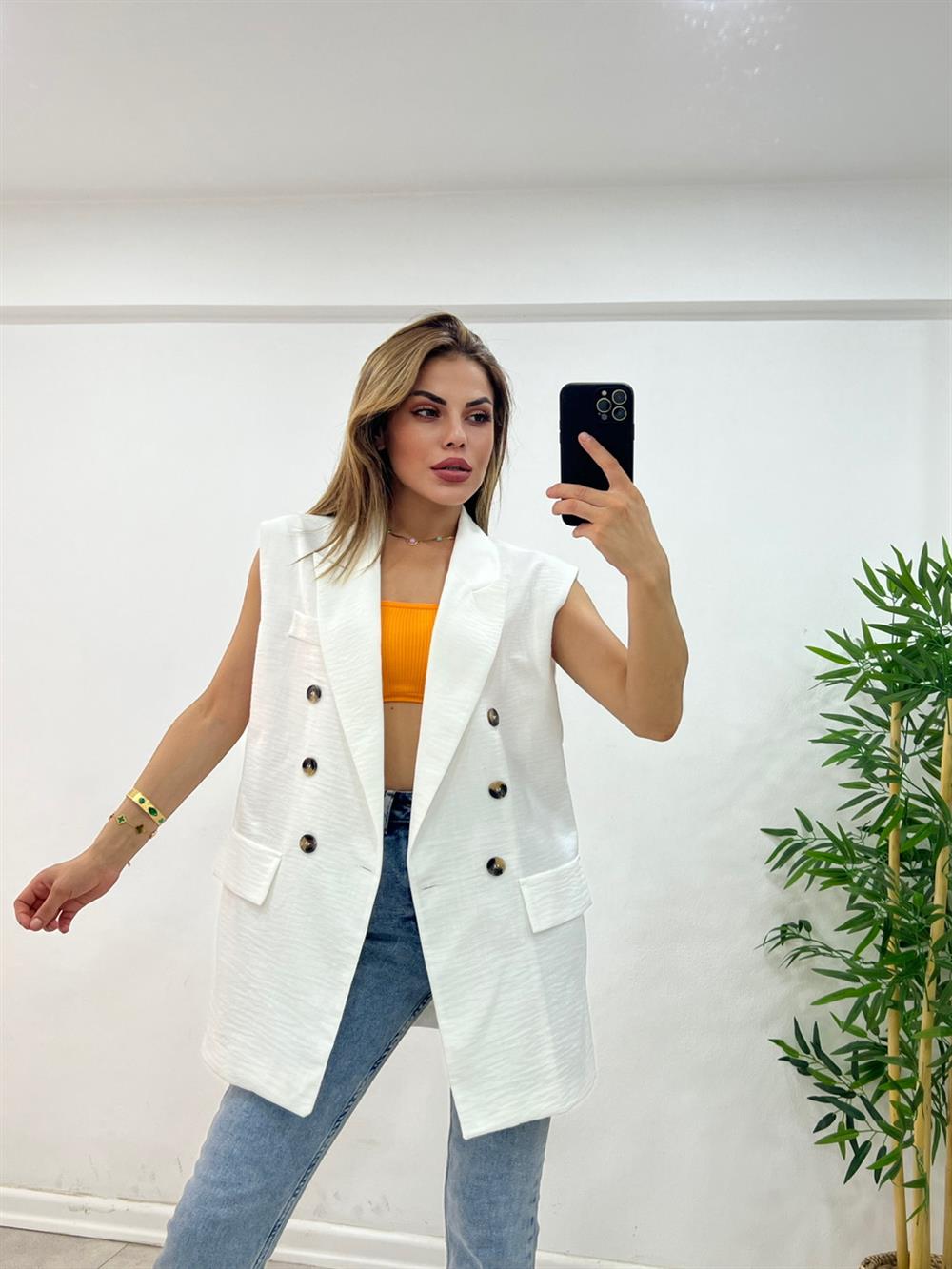 Astarli Blazer Yelek - Beyaz