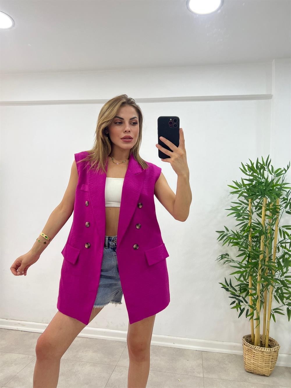 Astarli Blazer Yelek - Fuşya