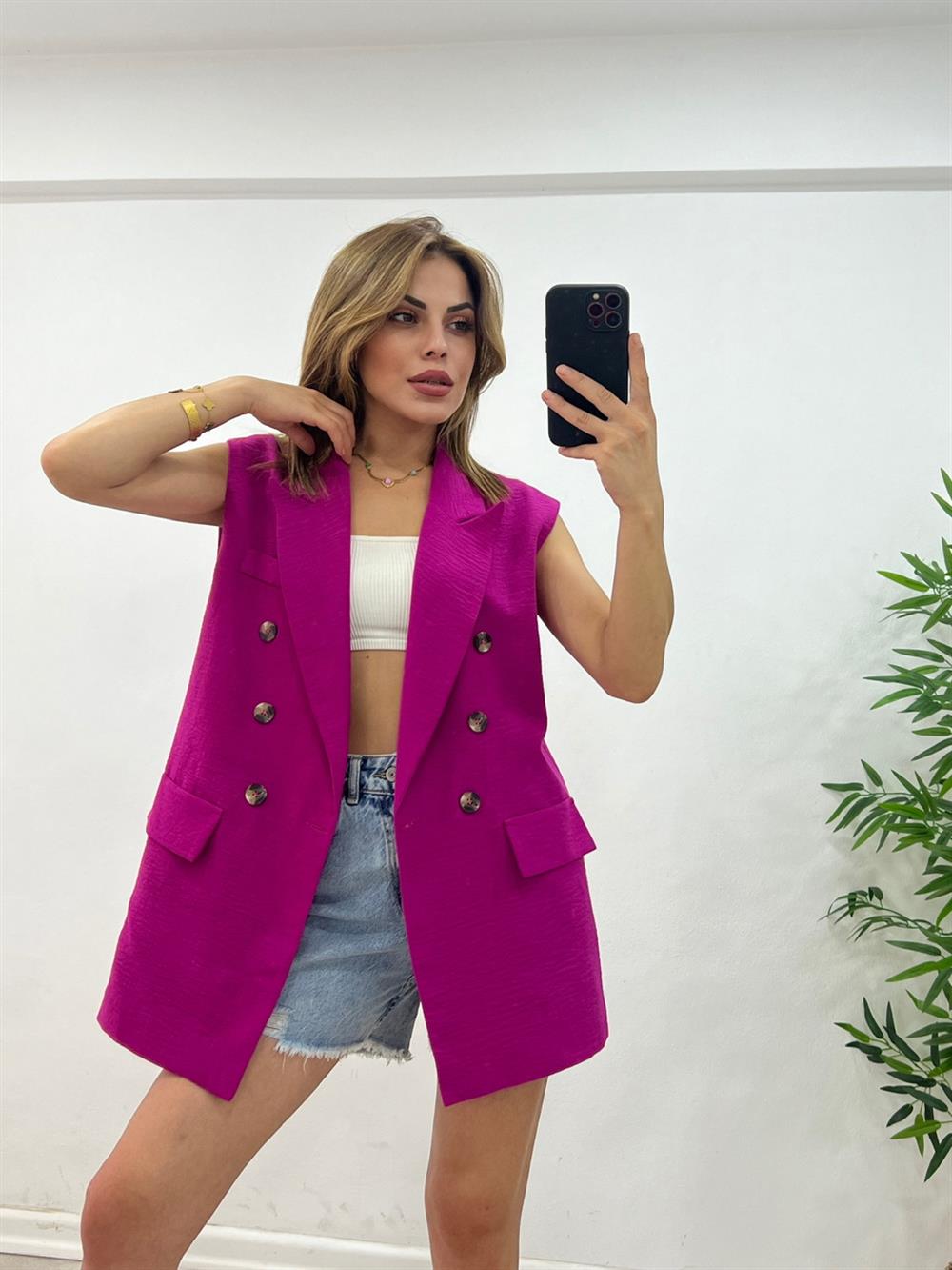 Astarli Blazer Yelek - Fuşya