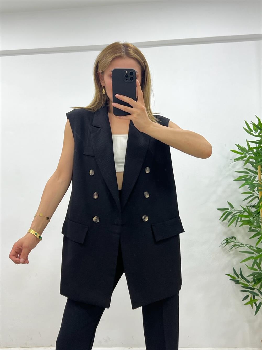 Astarli Blazer Yelek - Siyah