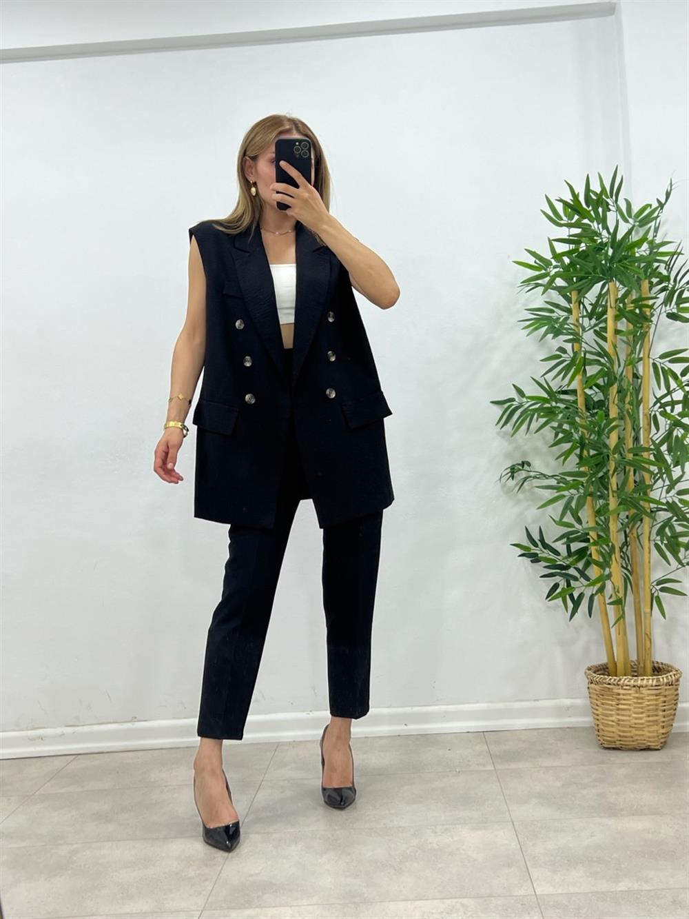 Astarli Blazer Yelek - Siyah