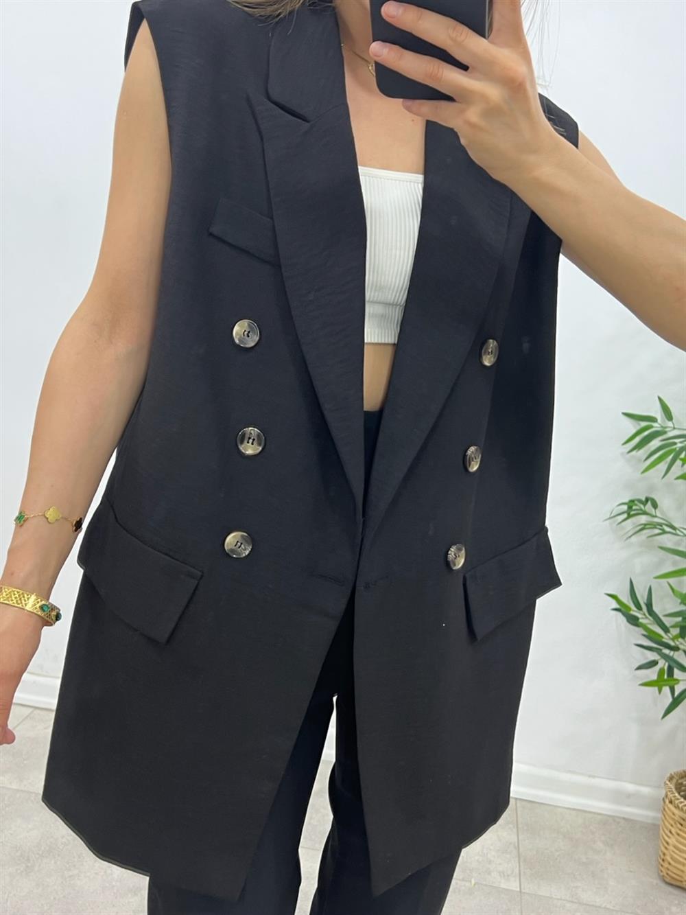 Astarli Blazer Yelek - Siyah