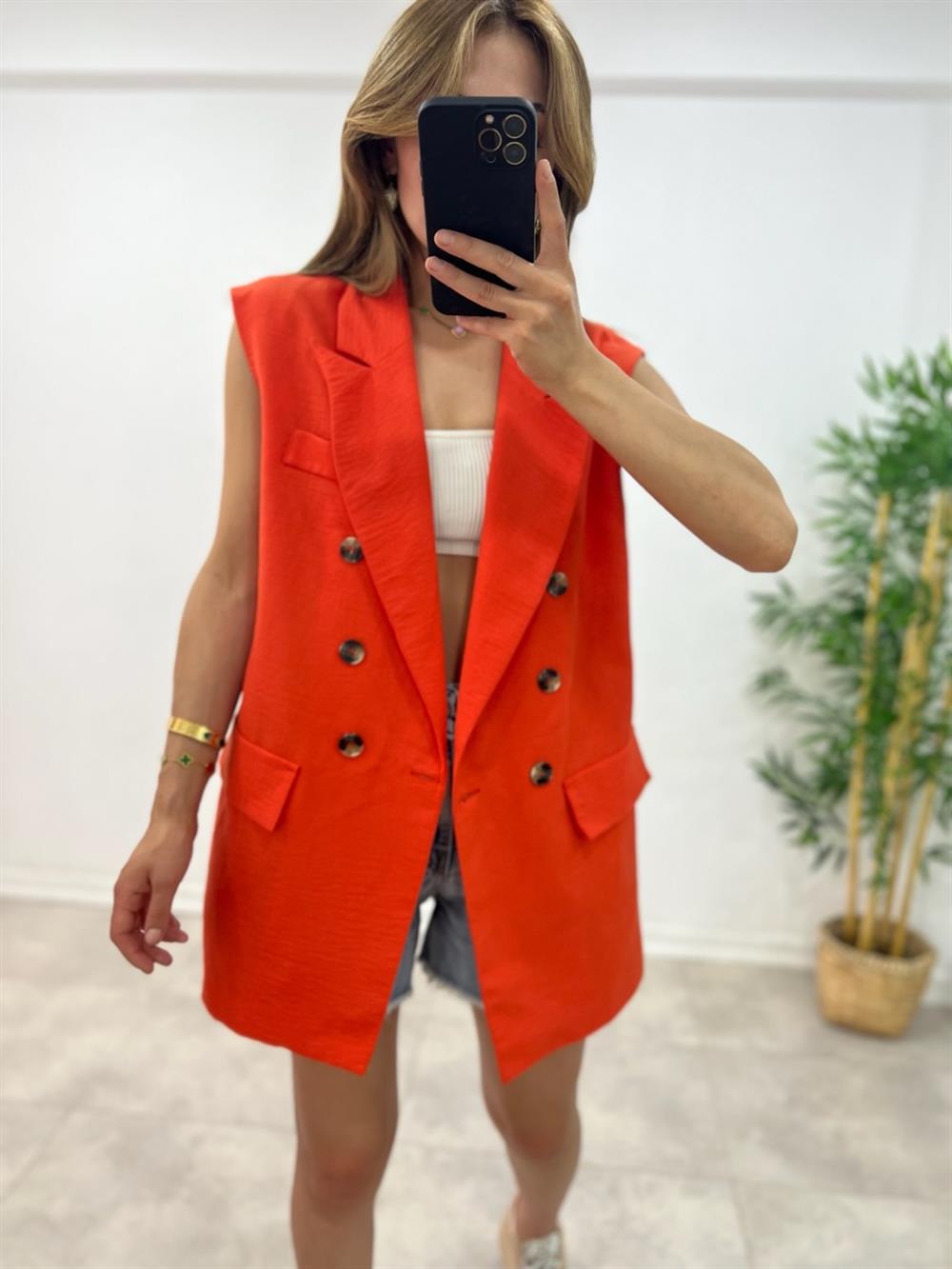 Astarli Blazer Yelek - Turuncu