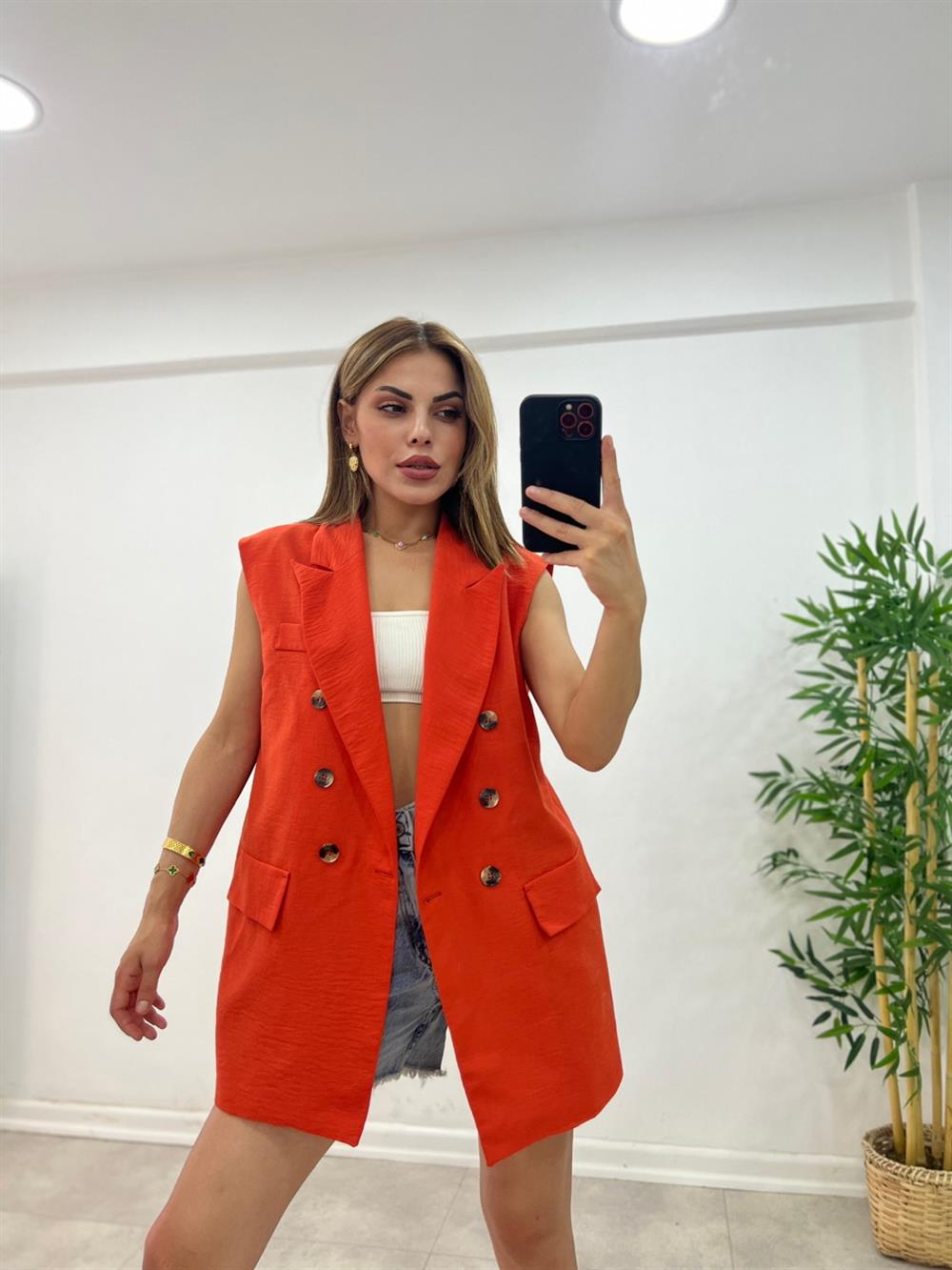 Astarli Blazer Yelek - Turuncu