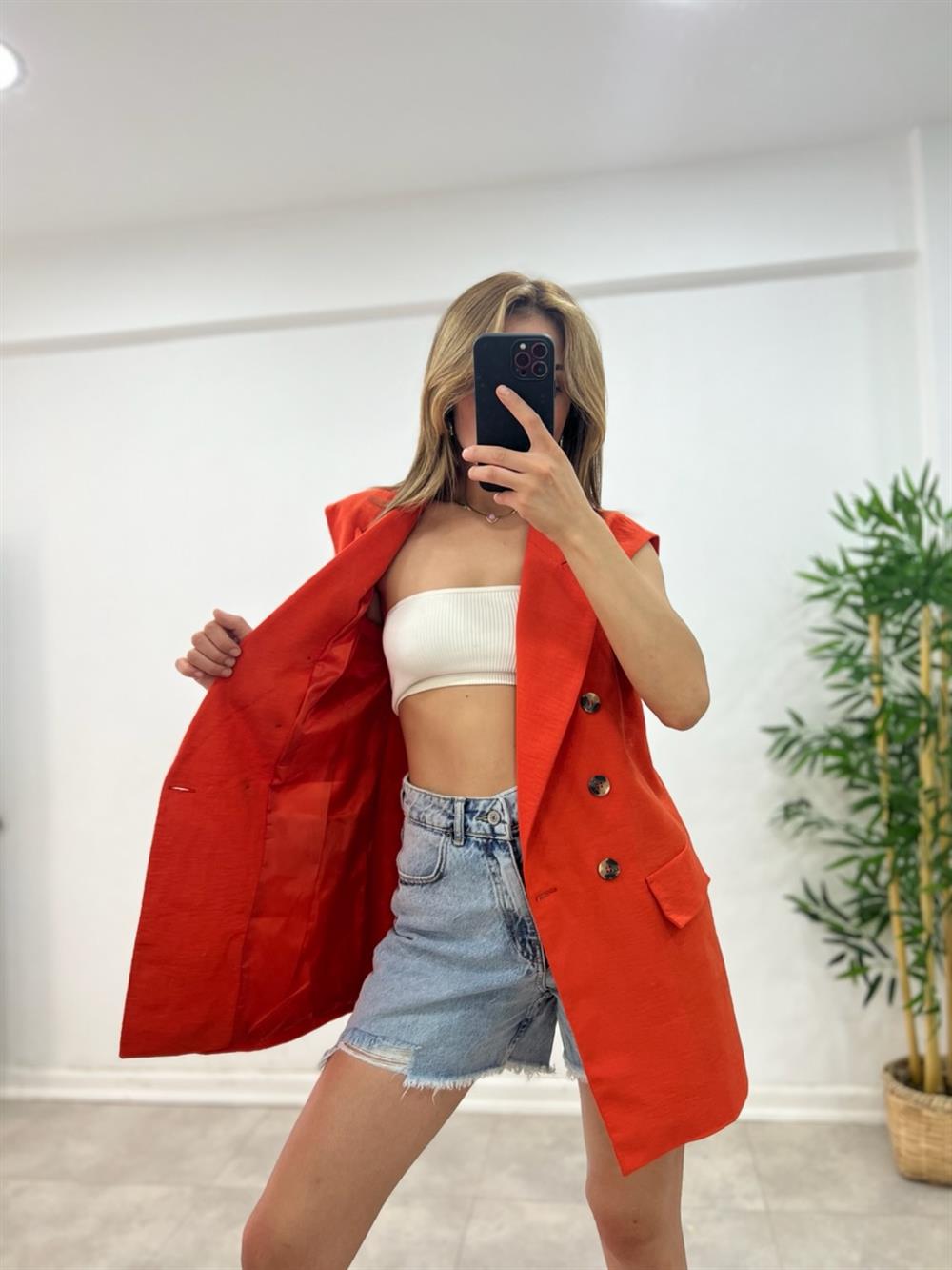 Astarli Blazer Yelek - Turuncu