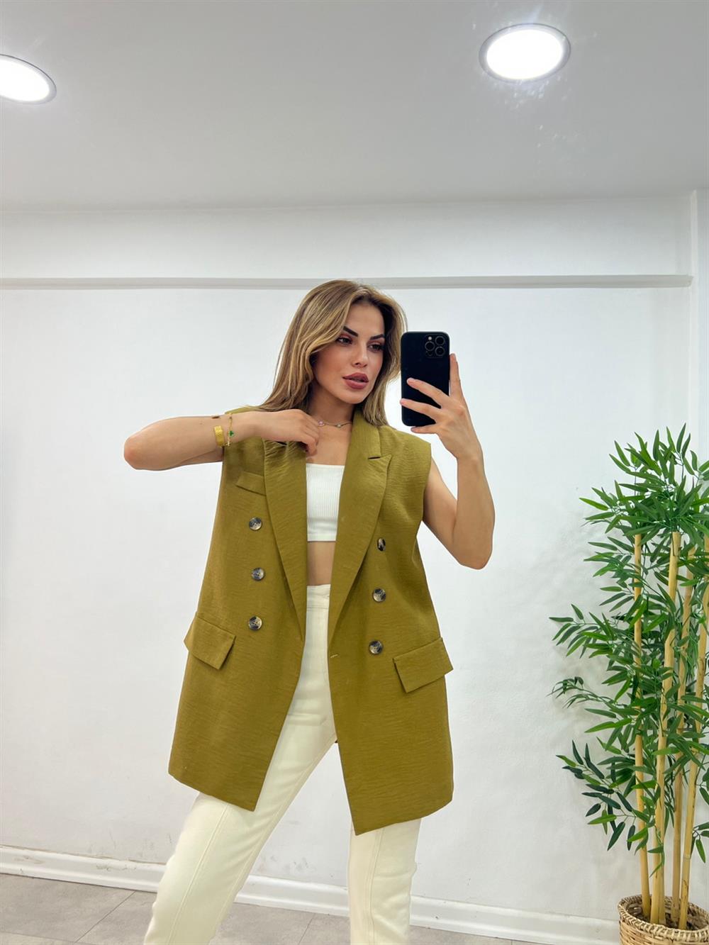 Astarli Blazer Yelek - Yağ Yeşili