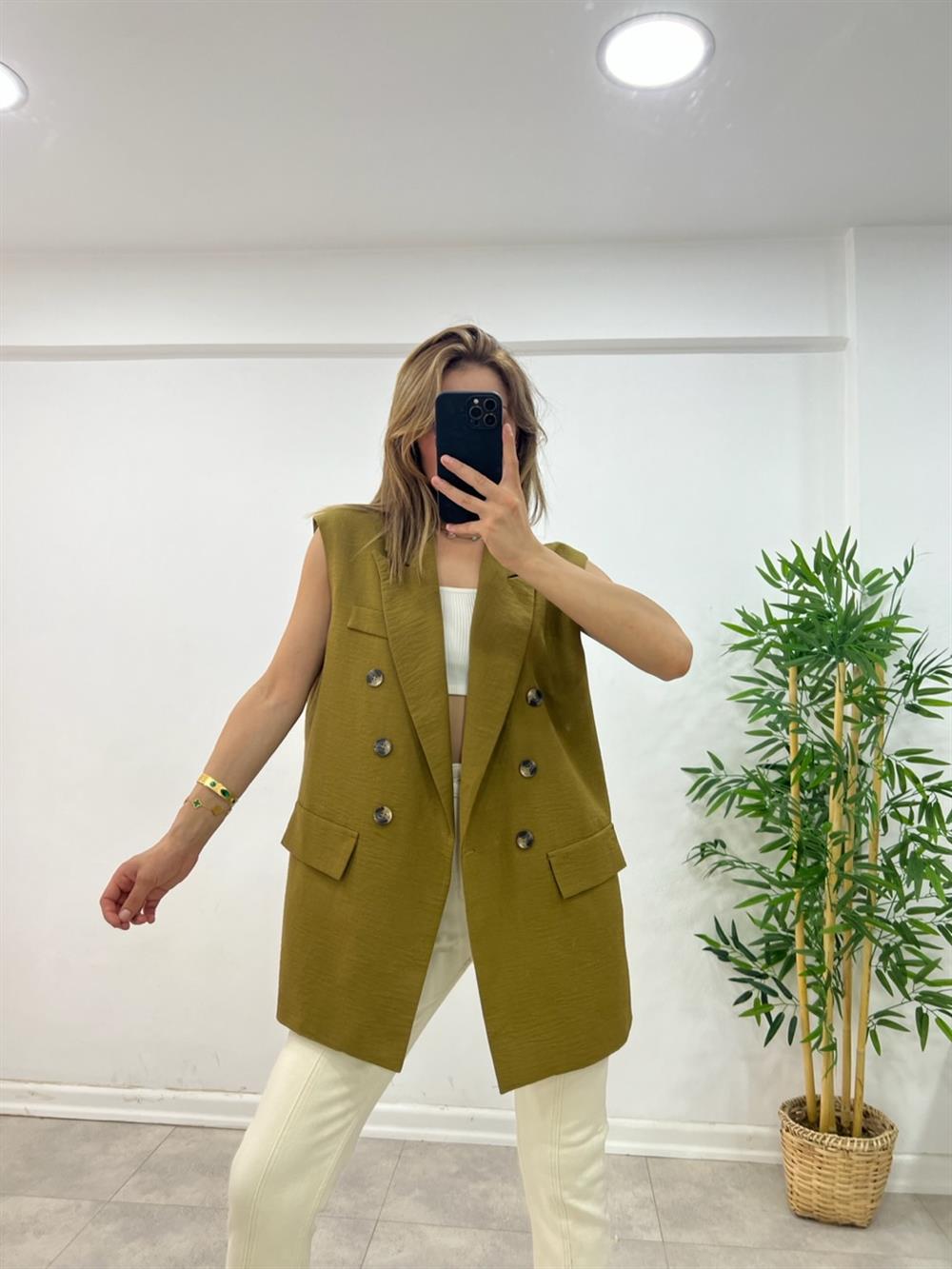 Astarli Blazer Yelek - Yağ Yeşili