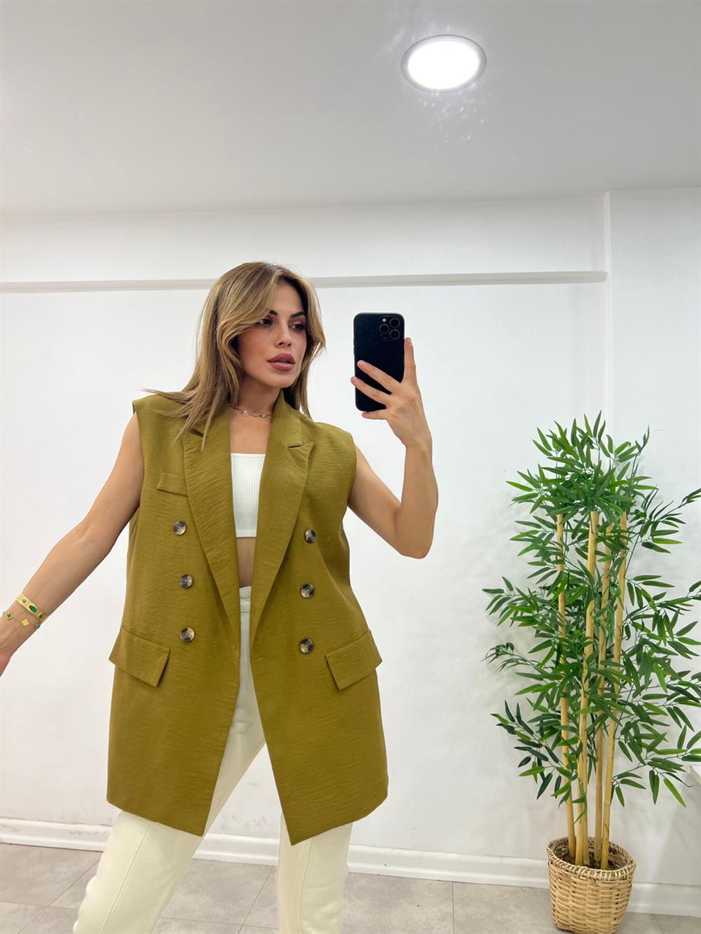 Astarli Blazer Yelek - Yağ Yeşili