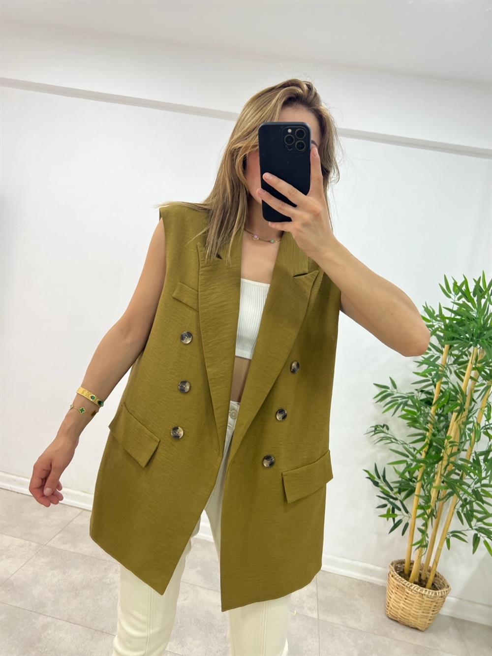 Astarli Blazer Yelek - Yağ Yeşili