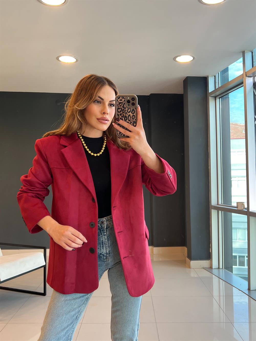 Astarli Süet Blazer Ceket Bordo