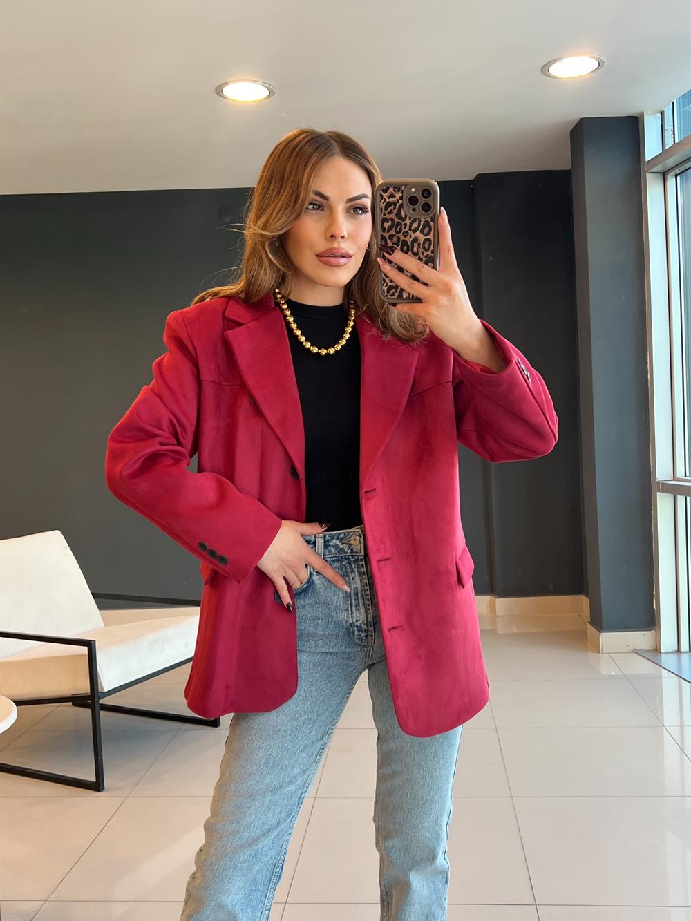 Astarli Süet Blazer Ceket Bordo