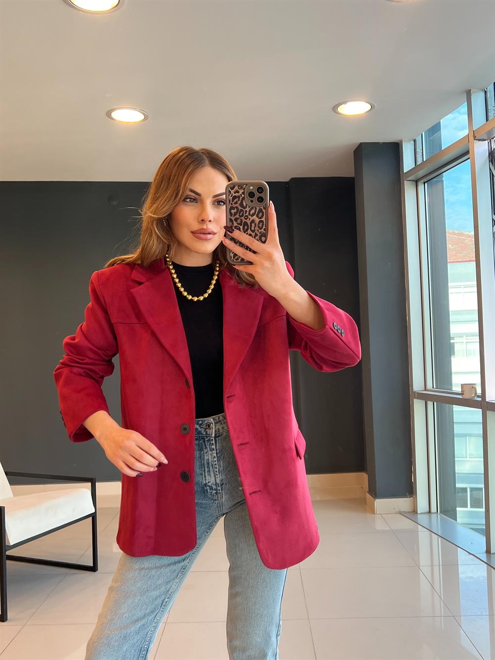 Astarli Süet Blazer Ceket Bordo