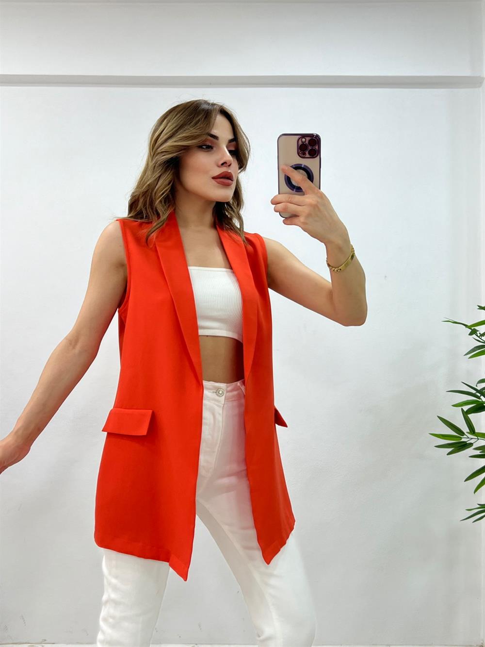 Astarsiz Kumaş Yelek Turuncu