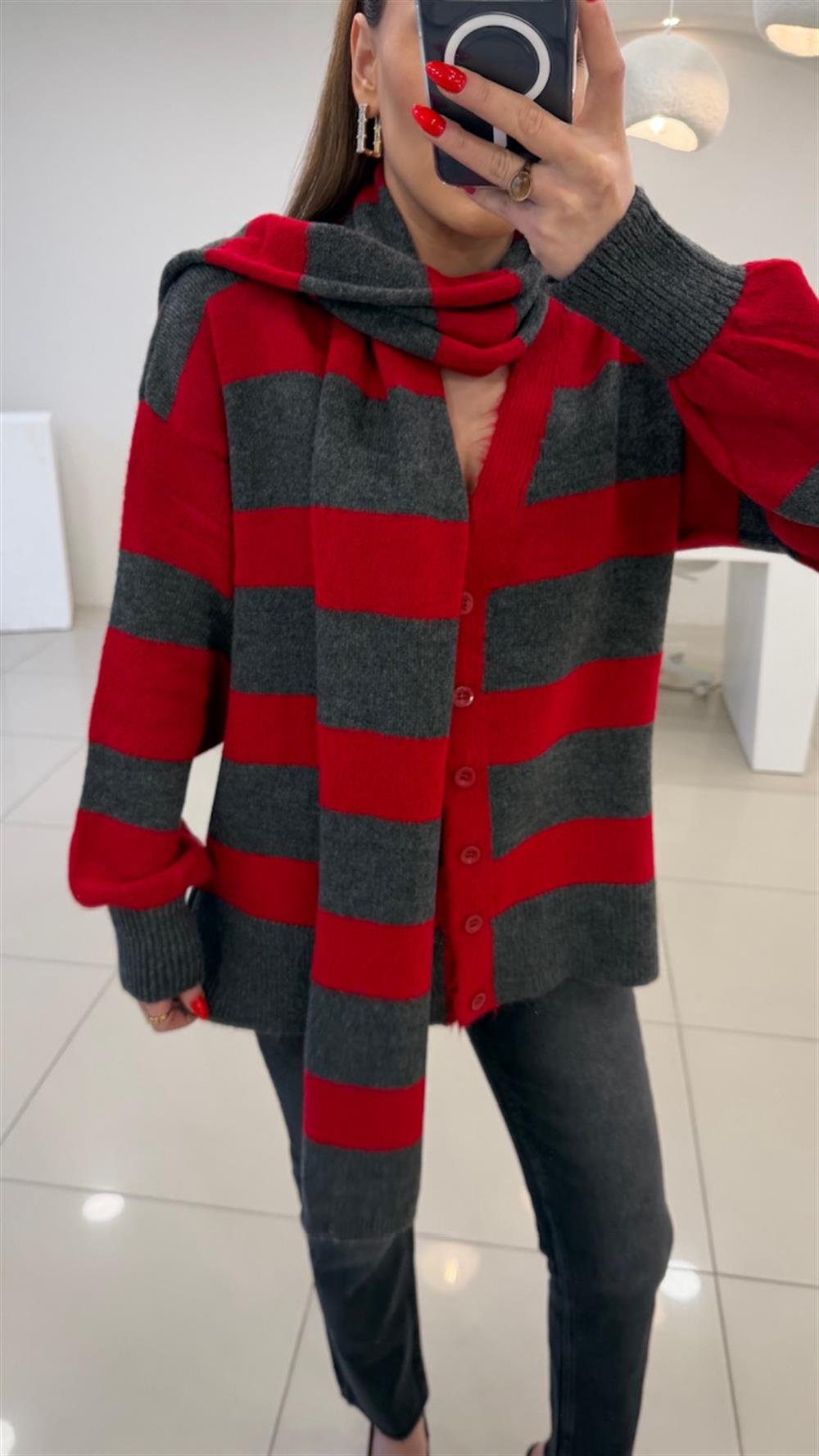 ATKI DETAYLI ÇİZGİLİ HIRKA KIRMIZI 