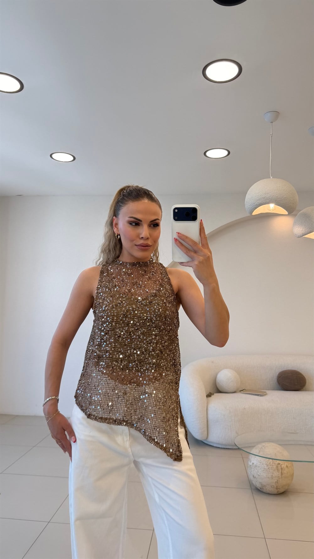ATLETLİ PAYET DETAYLI BLUZ KAHVE