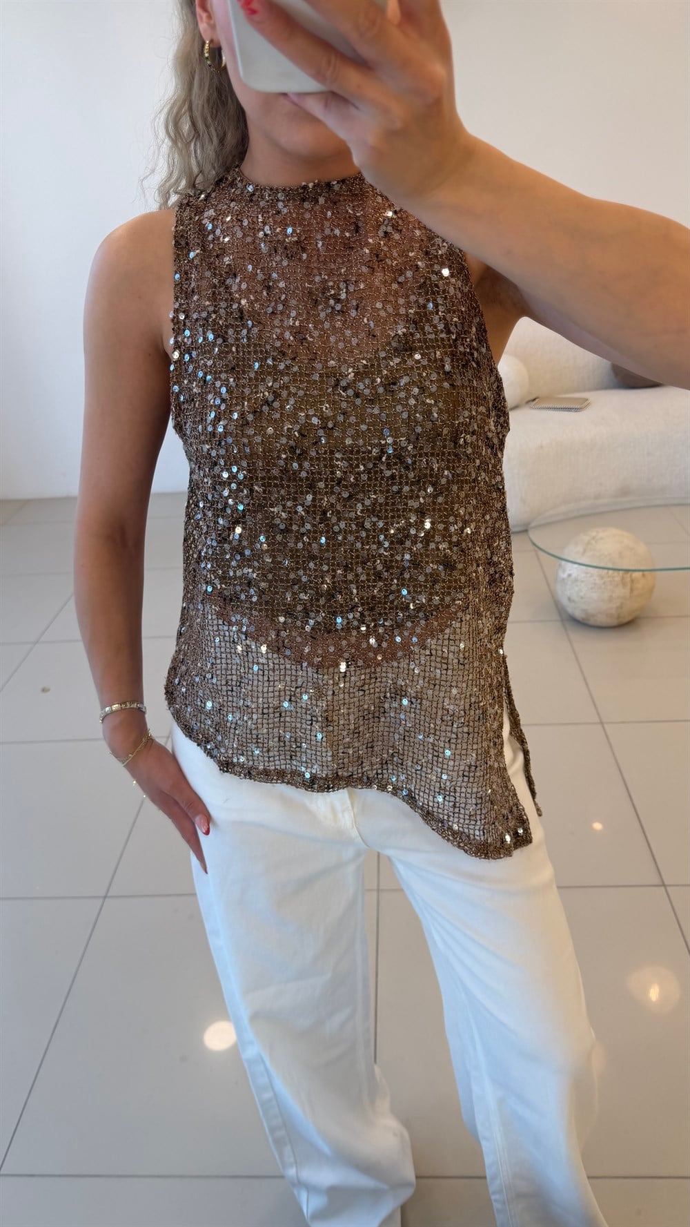 ATLETLİ PAYET DETAYLI BLUZ TABA
