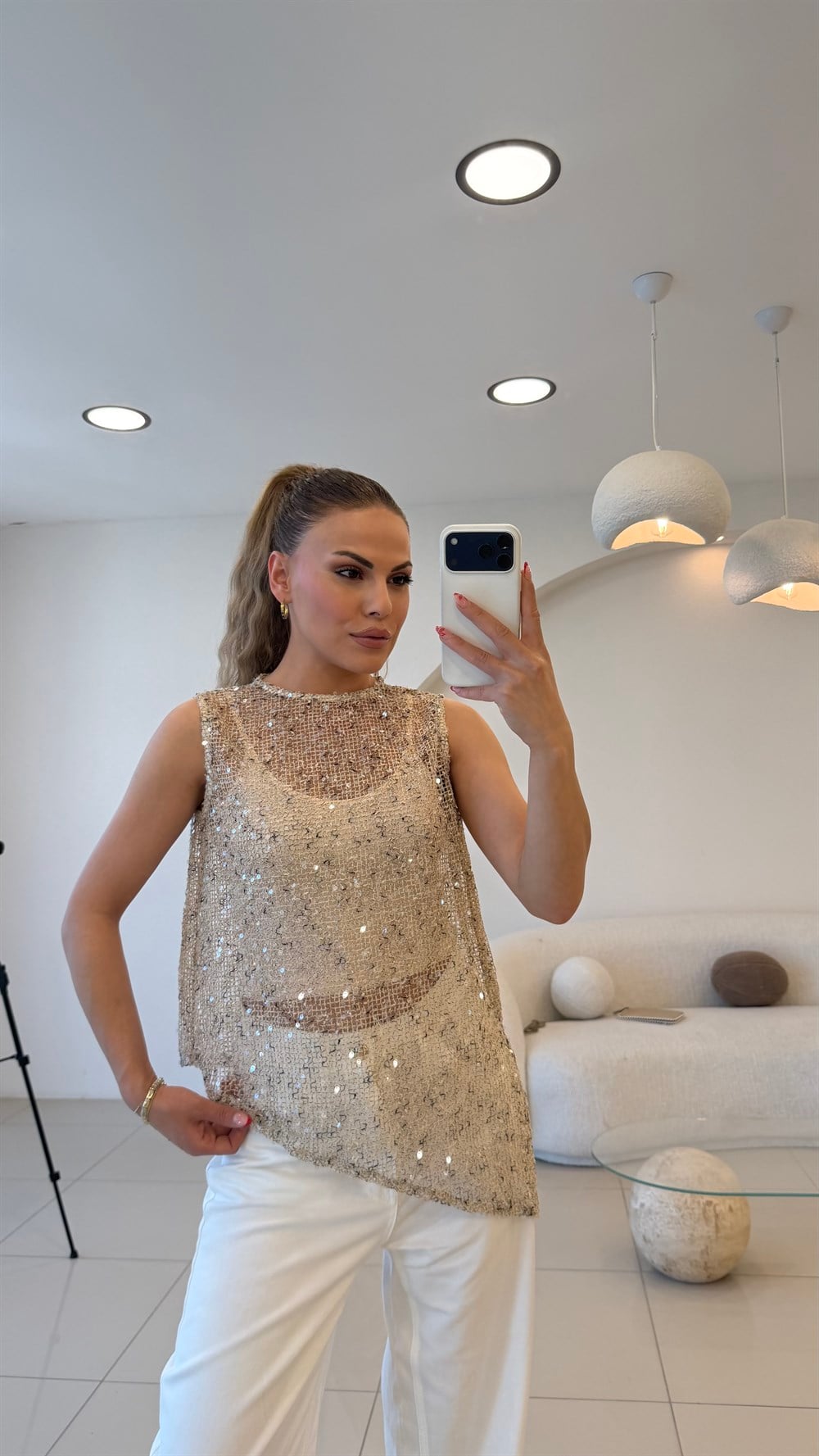 ATLETLİ PAYET DETAYLI BLUZ TAŞ
