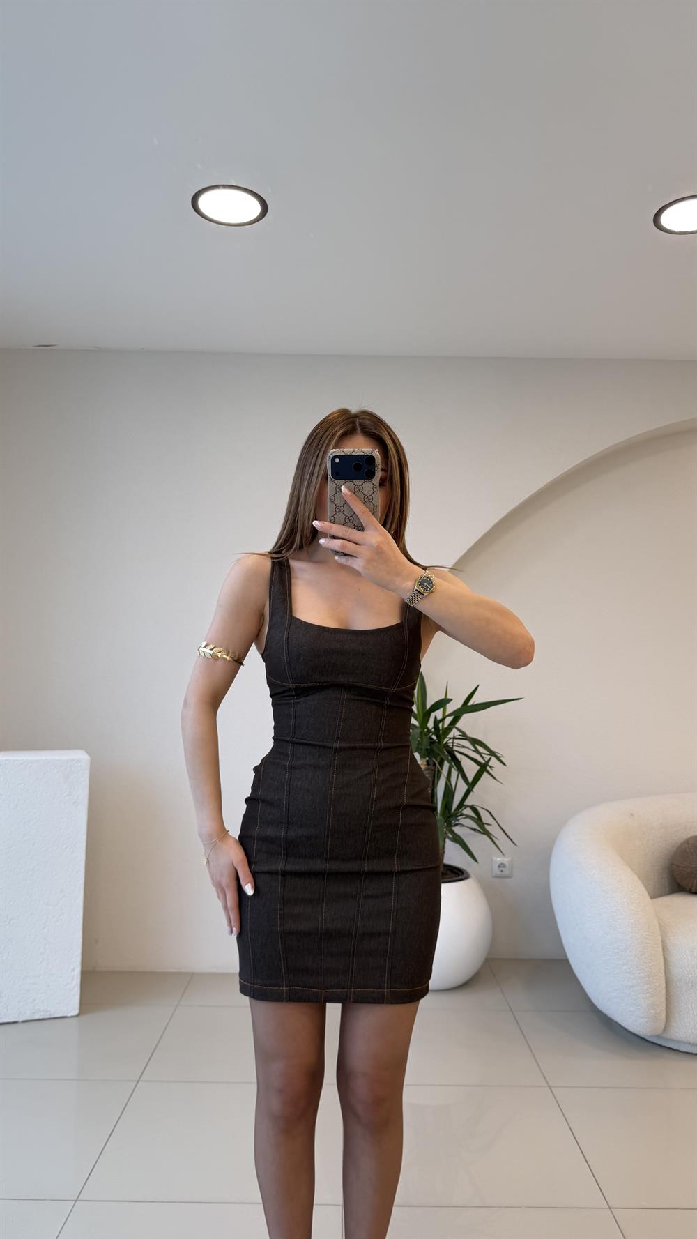 AYARLANABİLİR ASKILI LİKRALI ELBİSE KAHVE 