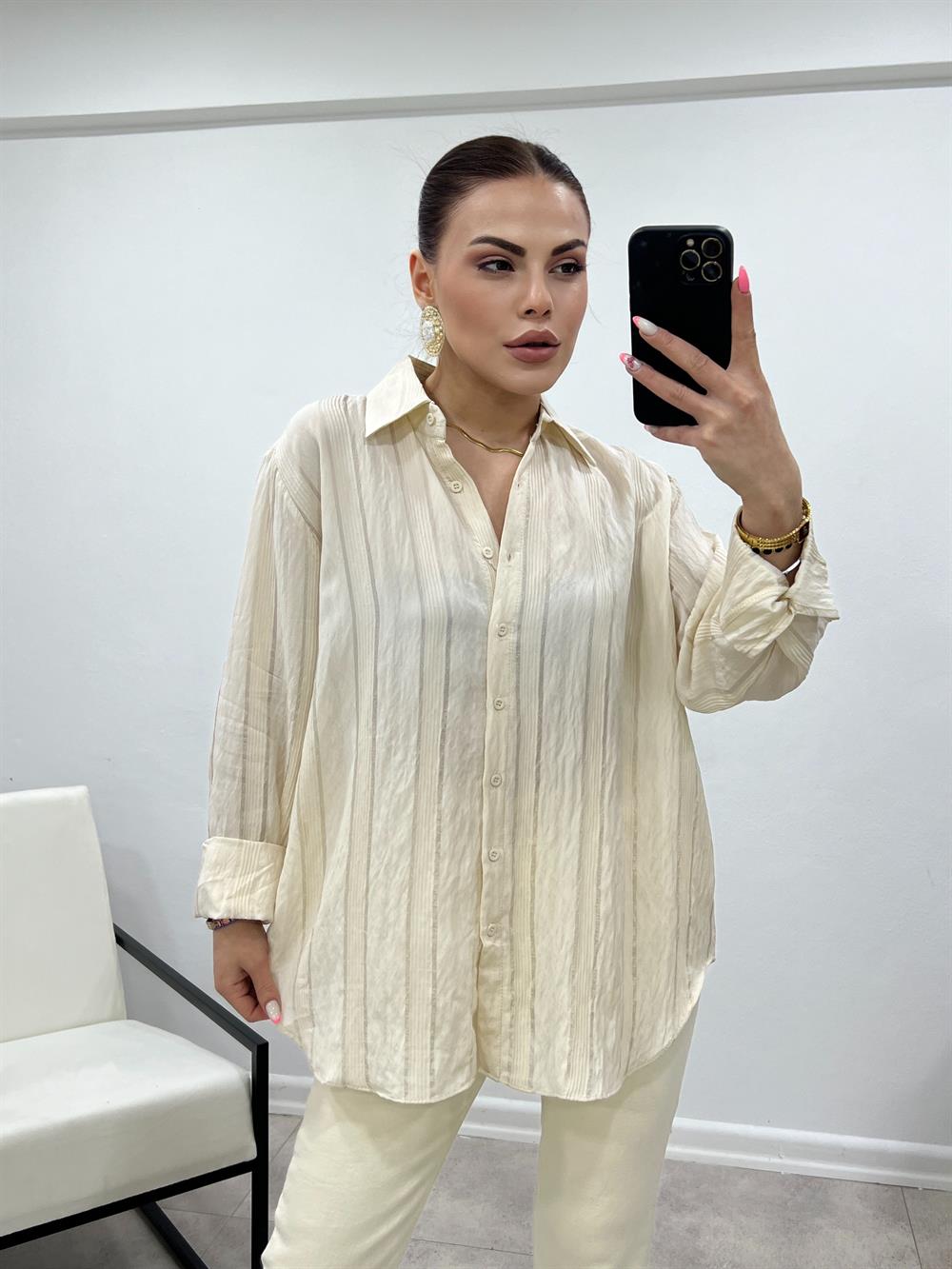 Ayrobi̇n Keten Çi̇zgi̇li̇ Gömlek