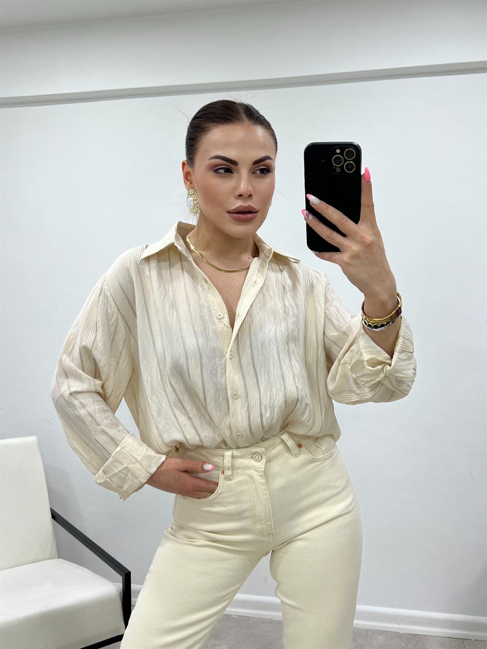Ayrobi̇n Keten Çi̇zgi̇li̇ Gömlek