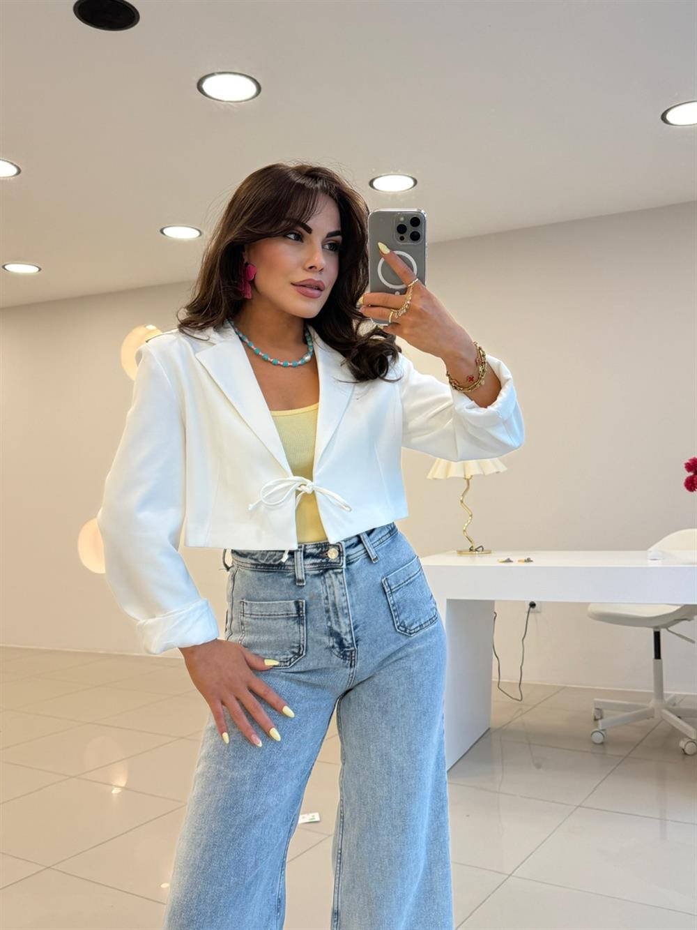 BAĞLAMA DETAYLI BLAZER CEKET BEYAZ