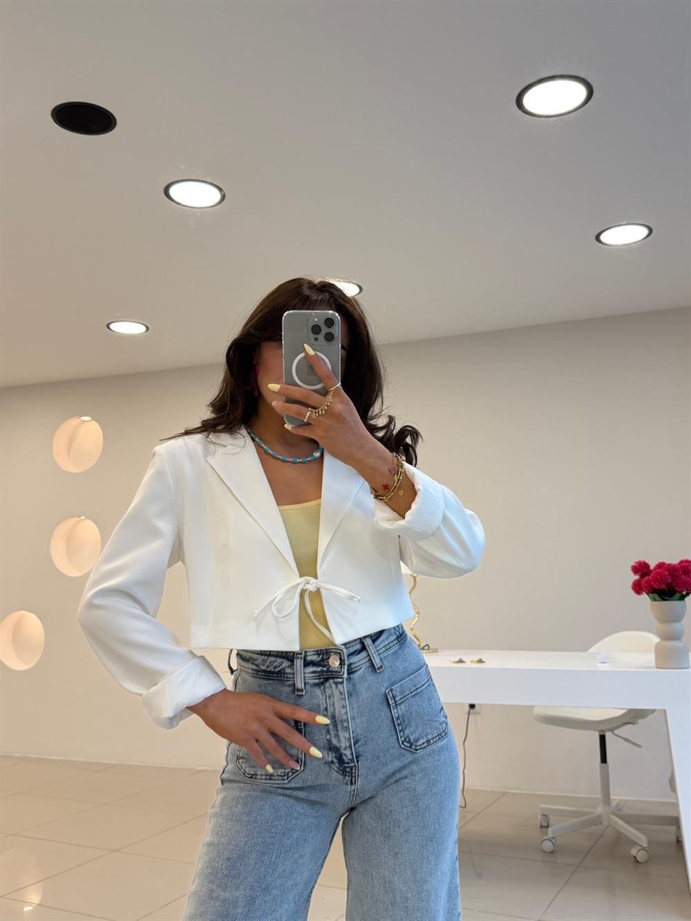 BAĞLAMA DETAYLI BLAZER CEKET BEYAZ