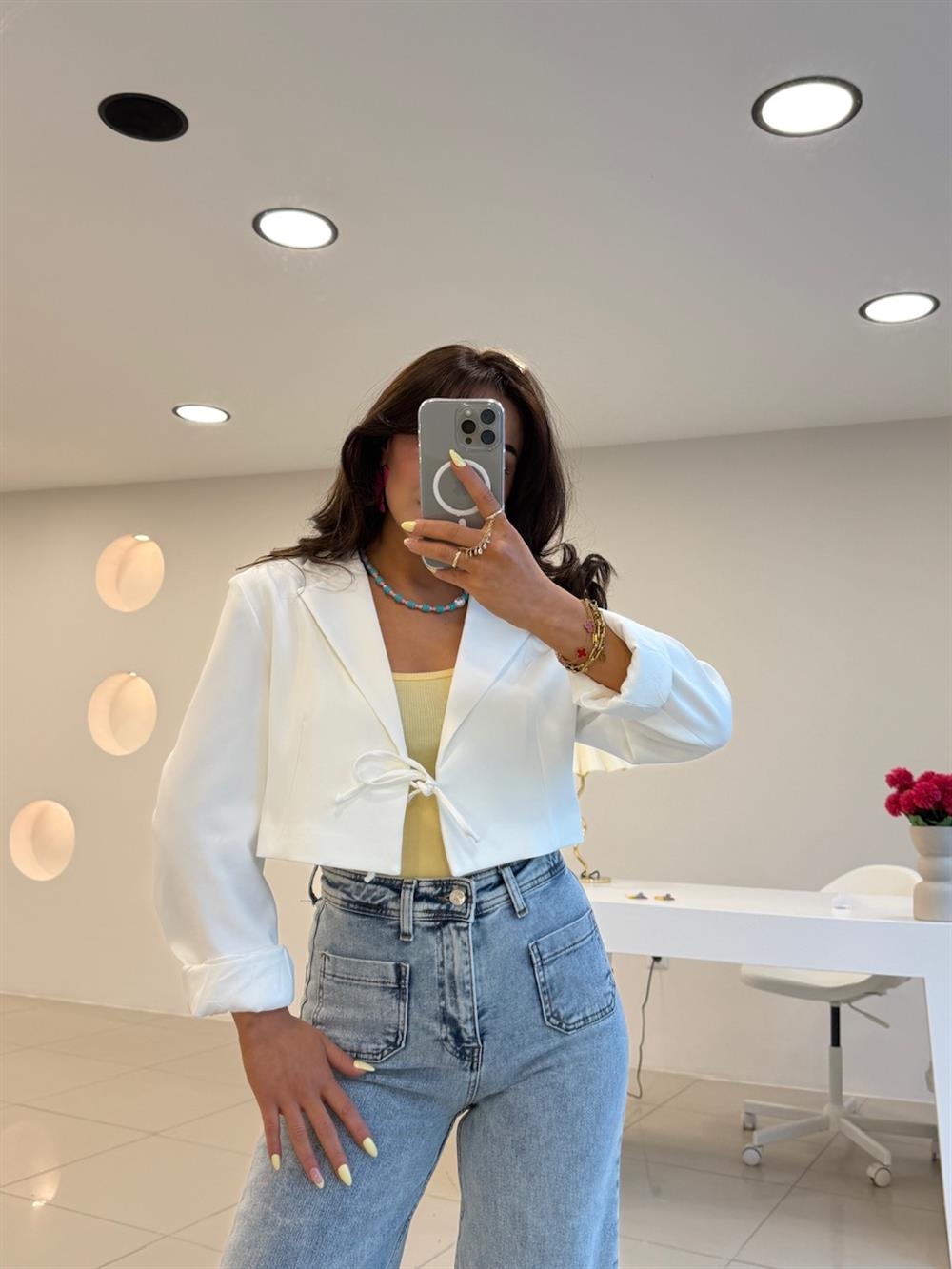 BAĞLAMA DETAYLI BLAZER CEKET BEYAZ