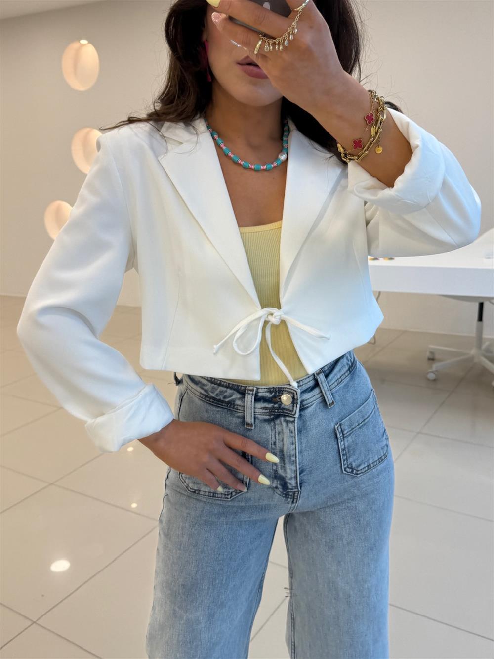 BAĞLAMA DETAYLI BLAZER CEKET BEYAZ