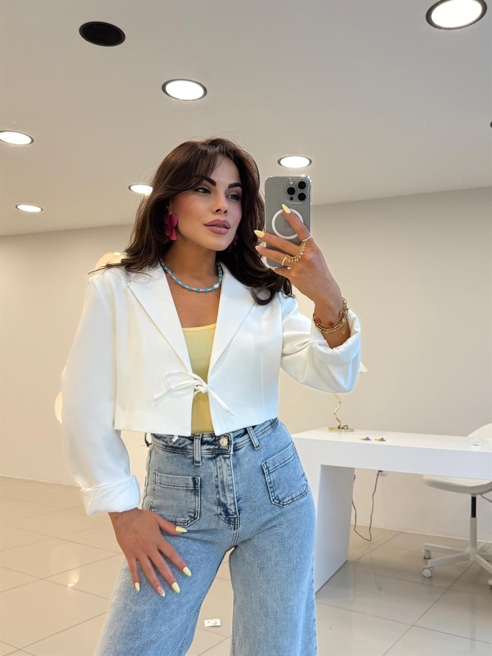 BAĞLAMA DETAYLI BLAZER CEKET BEYAZ