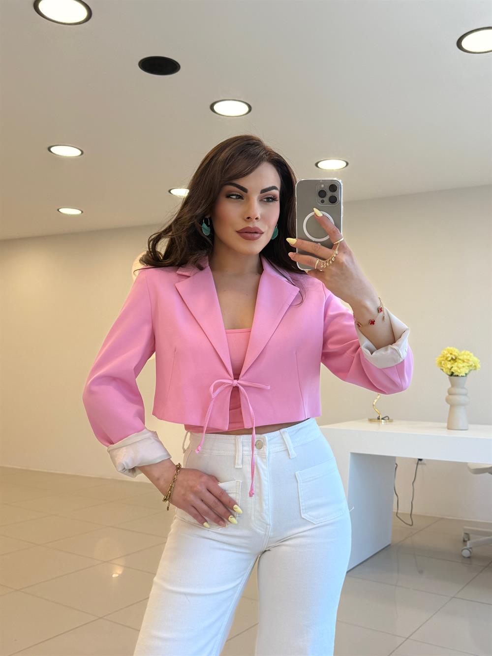 BAĞLAMA DETAYLI BLAZER CEKET PEMBE