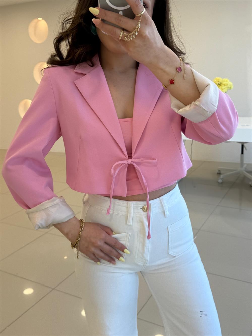 BAĞLAMA DETAYLI BLAZER CEKET PEMBE