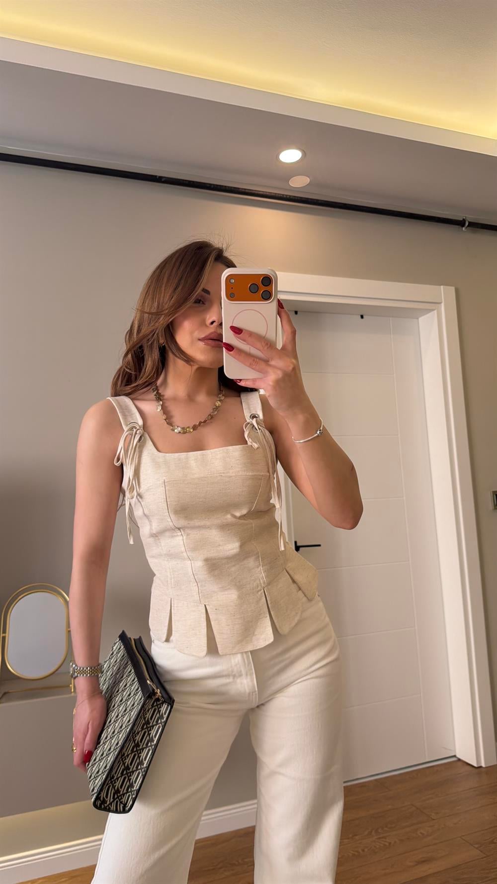 Bağlama Detaylı Keten Korse Bluz