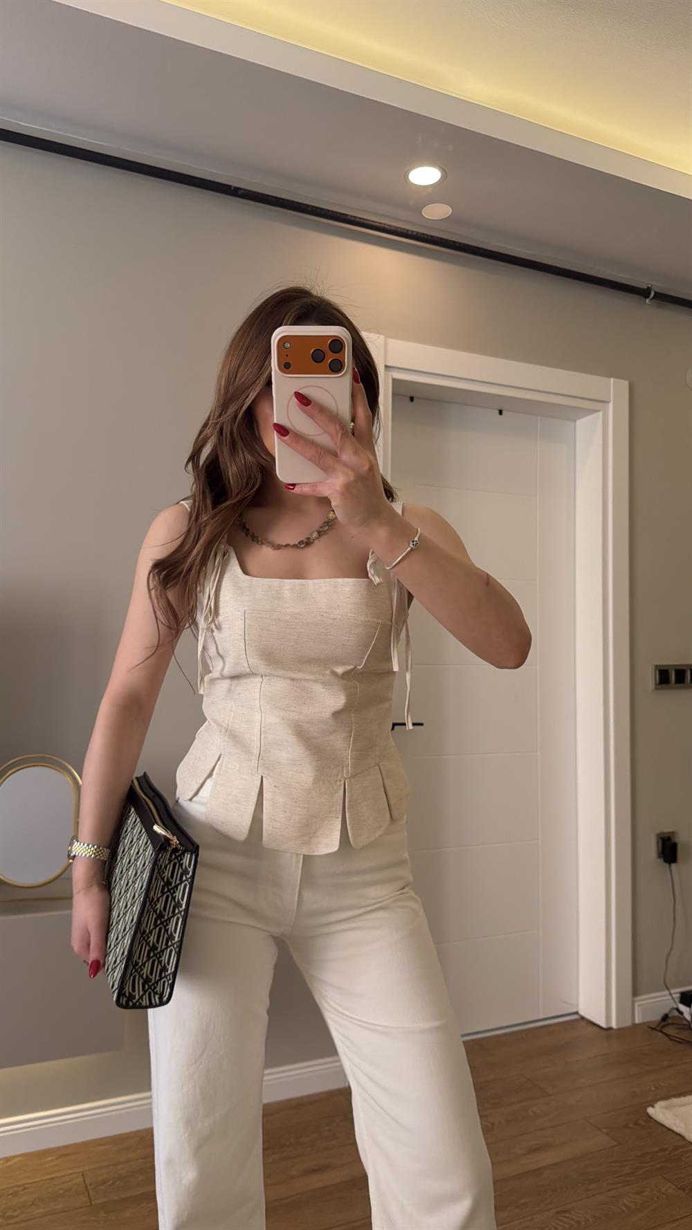 Bağlama Detaylı Keten Korse Bluz