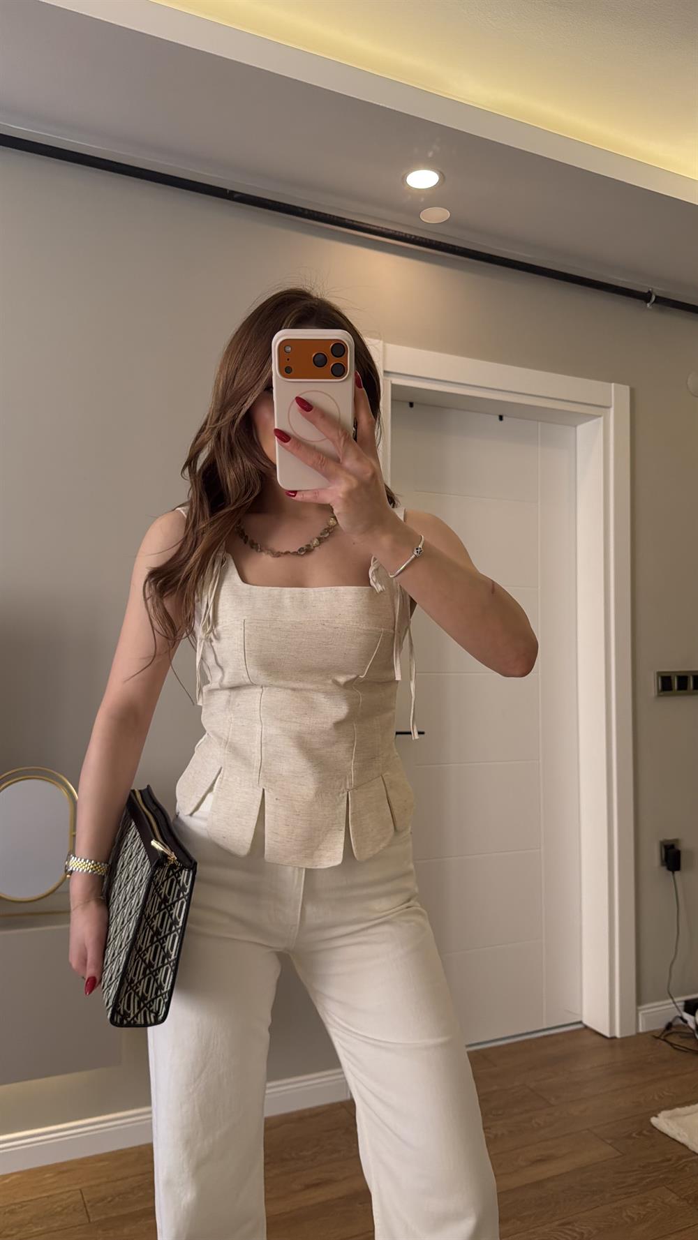 Bağlama Detaylı Keten Korse Bluz