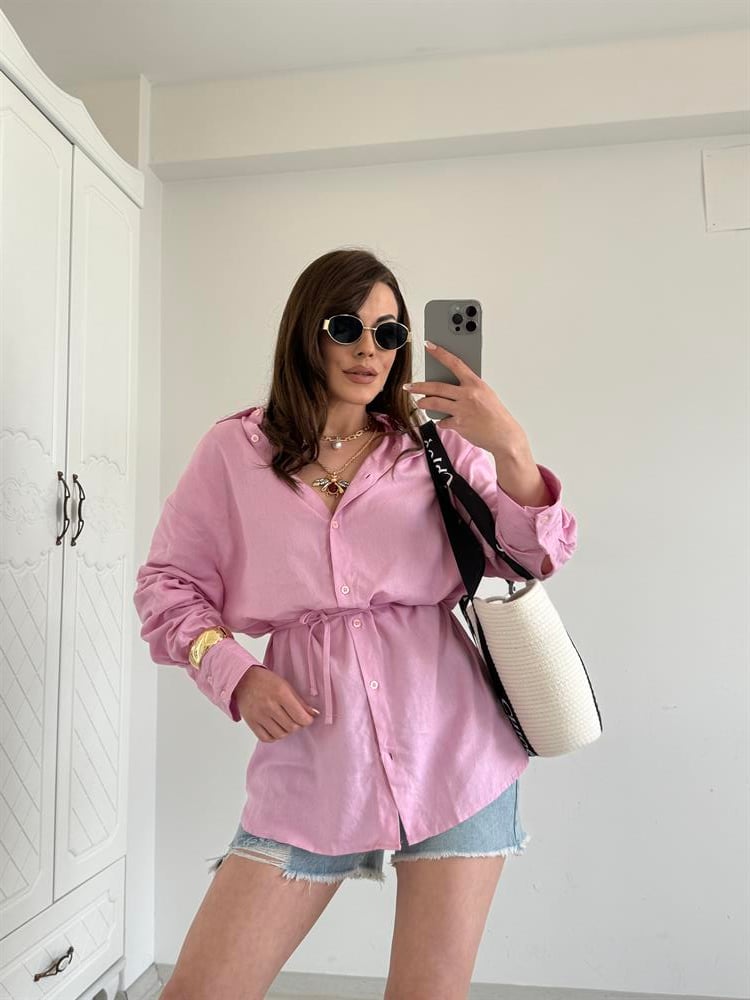BAĞLAMALI %100 KETEN GÖMLEK PEMBE